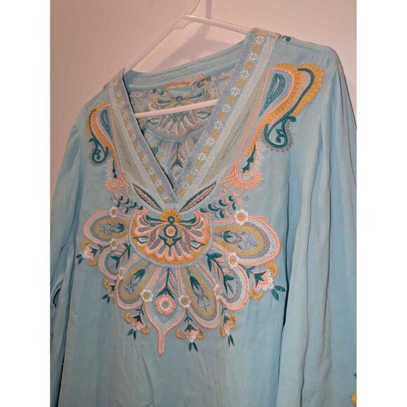 Soft Surroundings Women's Blue Embroidered 3/4 Sleeve V-Neck Tunic Top - Picture 14 of 15